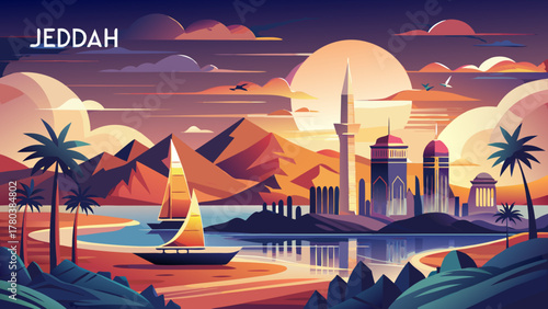 Very beautiful Jeddah travel poster in cinematic minimal vector style, featuring simplified coastal skyline, calm sea, warm sunset tones, and clean geometric shapes creating a modern elegant landscape