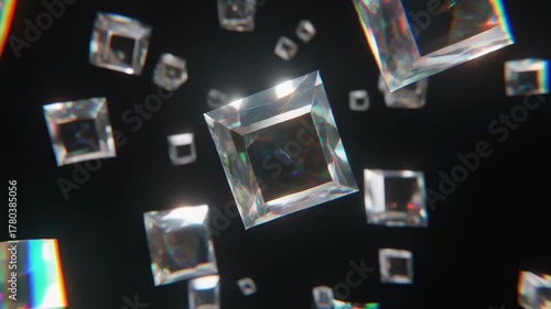 Floating geometric shards rotating in zero gravity 