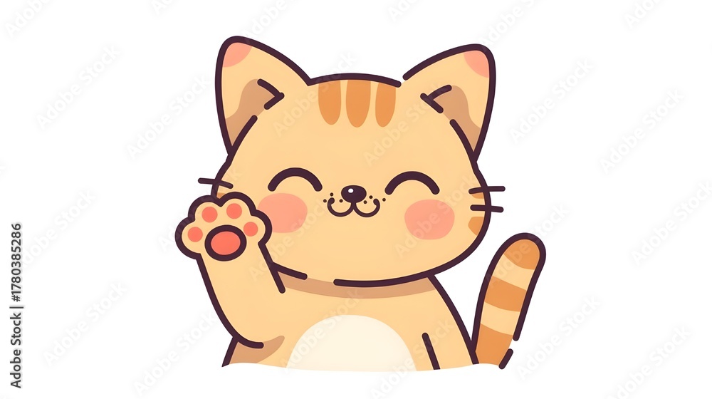 Fototapeta premium A cheerful and cute cartoon cat with orange tabby markings is happily waving its paw. The illustration style is clean, modern, and features flat pastel colors with bold outlines.