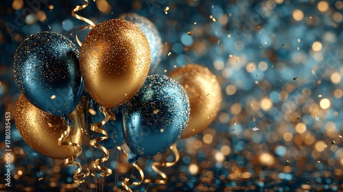 Gold and blue glitter balloons celebrating festive event