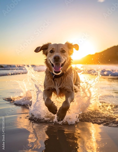 Joyful dog sprints through water, bathed in golden sunset light