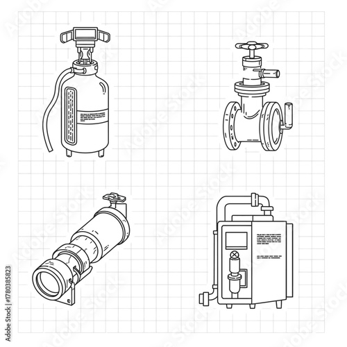 A precise collection of monochrome line art illustrations featuring essential industrial equipment, including pumps, valves, and complex machinery components.