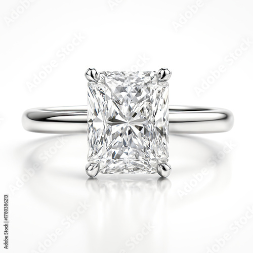 Hyper Realistic Diamond Solitaire Engagement Ring Studio Photo | Radiant Cut Diamond on 24K White Gold Band | Luxury Jewelry Close Up with Sparkling Gemstone | Elegant Solitaire Ring with Radiant