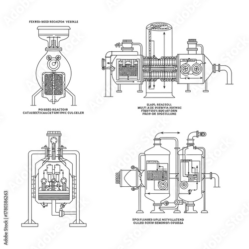 Detailed technical line drawings illustrate various complex industrial chemical engineering processes, showcasing reaction vessels, heating systems, and distillation units.