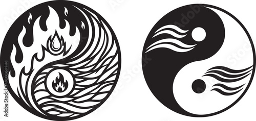 Black and White Yin-Yang Symbols with Fire, Water, and Wave Elements