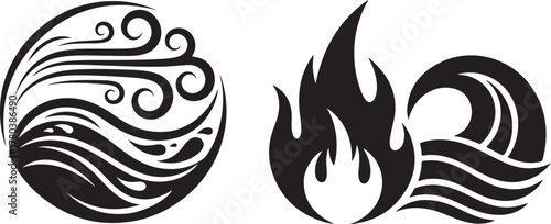 Abstract Black and White Symbols Representing Wind, Water, and Fire