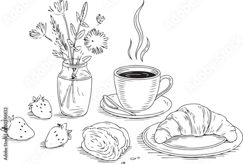 Breakfast Sketch Vector Illustration, Hand-Drawn Coffee, Croissant, Strawberry, and Flowers Still Life
