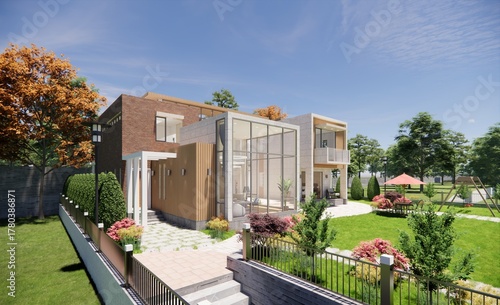 3d architectural rendering illustration of a modern house with a living room and staircase connected to a garden with beautiful flowers and trees with large windows