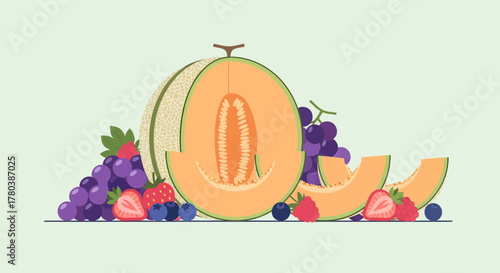 Fresh Fruit Arrangement Illustrating Cantaloupe Grapes Strawberries and Blueberries Composition