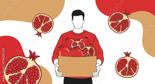 Fresh Fruit Delivery Service: Illustrated Man Presenting a Box of Pomegranates