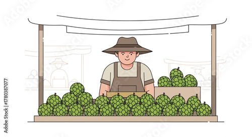 Fresh Fruit Vendor Offering Exotic Produce on a Market Stall with Cartoon Illustration