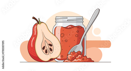 Fresh Homemade Fruit Jam with Pear Slice and Spoon Illustration in a Vibrant Style