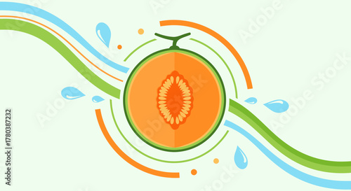 Fresh Melon Slice Presented with Flowing Wavy Lines and Refreshing Water Droplets