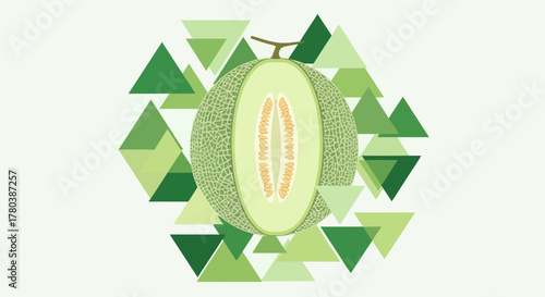 Fresh Melon Slice Set Against Green Geometric Triangles With White Background