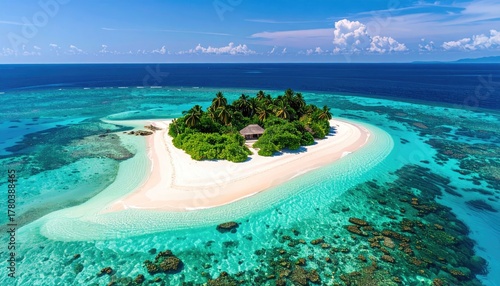 Fototapeta Naklejka Na Ścianę i Meble -  Overhead Aerial View Of A Small Tropical Island With White Sand Beach Surrounded By Vibrant Turquoise Ocean Water And Coral Reefs In The Maldives