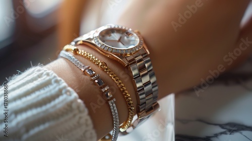 Photograph of mixed metal jewelry, elegant woman's wrist wearing combination of gold bangle and silver chain bracelet, luxury watch