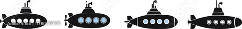 Maritime Vessels Silhouette. Four minimalistic submarines illustrated in a row, showcasing different designs and colors against a simple background.
