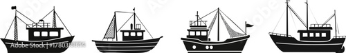 Maritime Vessels Silhouette. A collection of four distinct fishing boats illustrated in black and white, showcasing various designs and details.