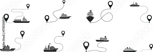 Maritime Tools and Equipment Silhouette. A collection of ship icons with dotted paths and location markers, representing maritime navigation and travel routes.