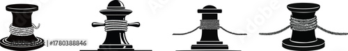 Anchors and Ropes Silhouette. The image features four stylized illustrations of mooring posts, showcasing various rope configurations and designs.