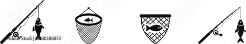 Fishing and Marine Life Silhouette. Four black and white fishing icons, including a fishing rod, a catch in a net, and fish, illustrating the theme of fishing.