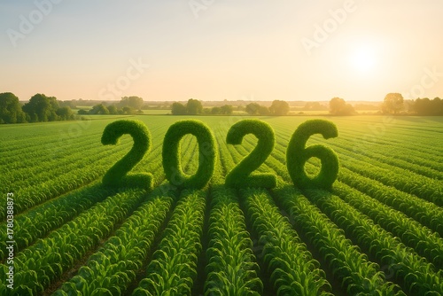 Sustainable farming landscape with 2026 made of crops symbolizing eco future and growth