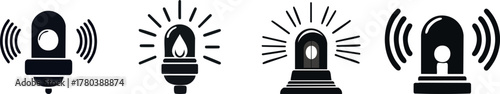 Maritime Communication and Signal Silhouette. A series of four emergency light icons, each emitting signals, representing alerts for various situations.