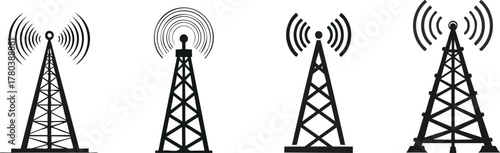 Maritime Communication and Signal Silhouette. Four illustrations of communication towers with signal waves, representing wireless technology and broadcasting capabilities.
