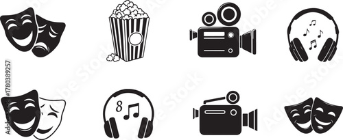 Set of Entertainment Icons.  Comedy/tragedy masks, popcorn, movie camera, and music headphones graphics