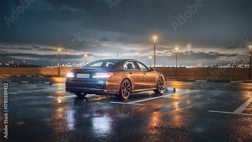 Luxury sedan parked in rain, illuminated by streetlights, on a wet city rooftop parking lot during a dramatic evening storm.