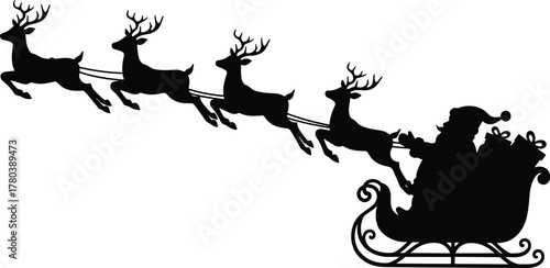Santa Claus silhouette, flying sleigh with four reindeer, Christmas holiday vector, festive winter illustration, gift delivery, seasonal decoration, celebration artwork, black silhouette