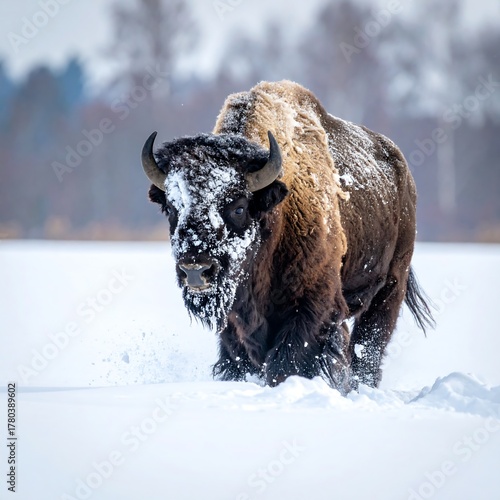 Large, brown, snow-covered mammal walking through a snowy field