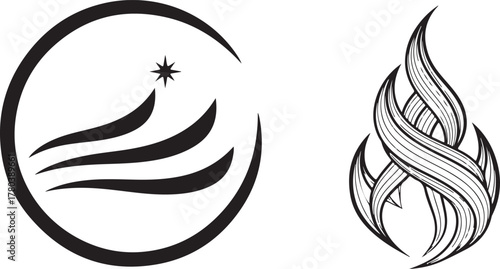 Abstract Vector Graphics Set with Star Arc and Stylized Flame Design