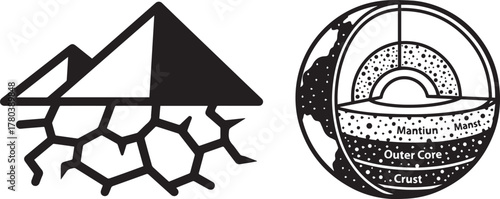 Black and White Geological Earth Layers and Mountain Structure Vectors