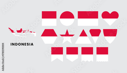 Set of Indonesia flags in various shapes with country map silhouettes. Perfect for independence day, patriotic, and travel design projects