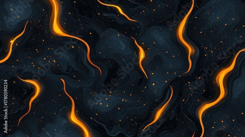 A digital illustration of a starry night sky with swirling clouds of black and orange.