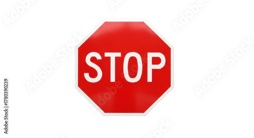 Bright red octagonal stop sign with white border and text highlighting road safety isolated on transparent background