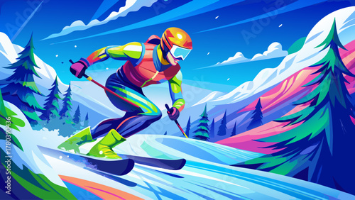 A thrilling image of a skier wearing bright neon gear descending a powdery snow hill, capturing motion blur and flying snow, surrounded by snow-covered trees under clear blue sky