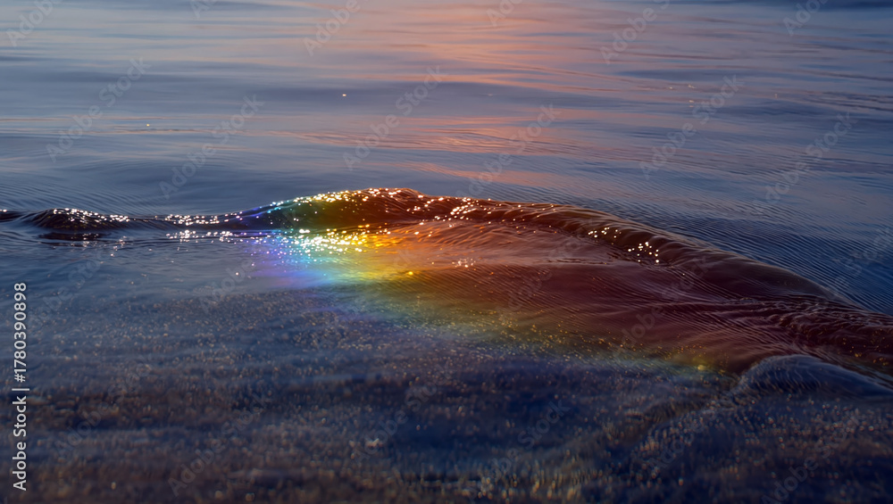 Obraz premium Oil spill with rainbow sheen floating on sea surface under morning light. Environmental pollution highlighting global ecological problem..