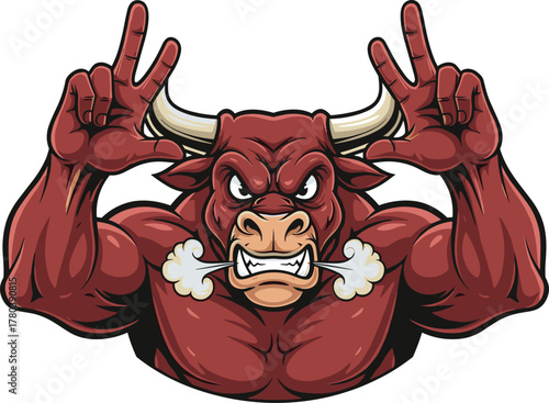 Angry muscular bull mascot illustration showing horns and smoke from nose, powerful red bull cartoon character for sports and logo design