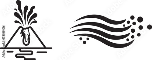 Black and white icons of erupting volcano and flowing wind particles