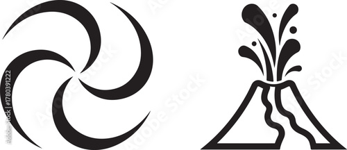 Stylized Swirl Symbol and Volcano Eruption Black White Vector Icons