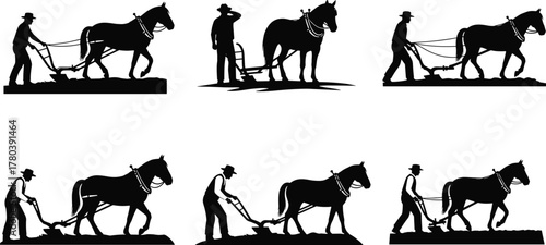 Silhouette farmer plowing field with horse, traditional agriculture, rural lifestyle, manual labor, farming history, countryside work, vintage agricultural illustration