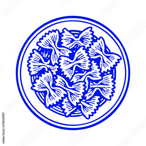 Plate of farfalle pasta. Vintage woodcut linocut engraving style vector illustration.