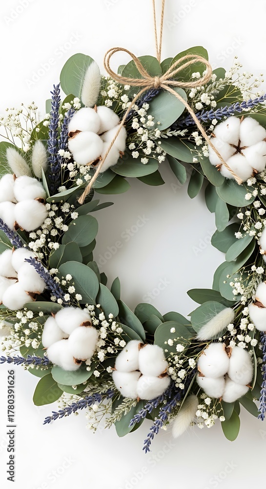 Naklejka premium Elegant Cotton and Eucalyptus Wreath for Home Decor.