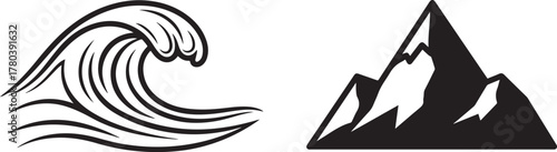 Minimalist Black Vector Graphics of Ocean Wave and Mountain Peaks