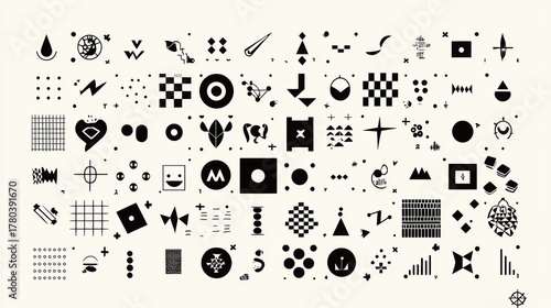 A collection of black and white geometric shapes and symbols.