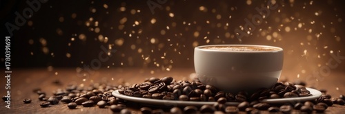 coffee beans in a cup, A white coffee cup filled with coffee sits on a saucer. Coffee beans are scattered around the cup on a wooden surface