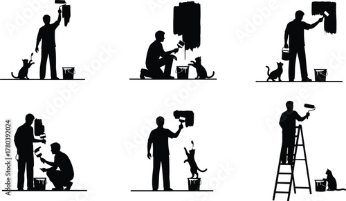 Silhouette of person painting wall with roller brush, cat interaction, home renovation, DIY activity, creative lifestyle, minimal black design