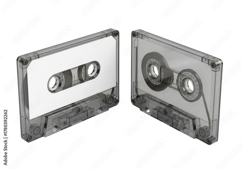 Obraz premium Two transparent vintage audio cassette tapes for music storage